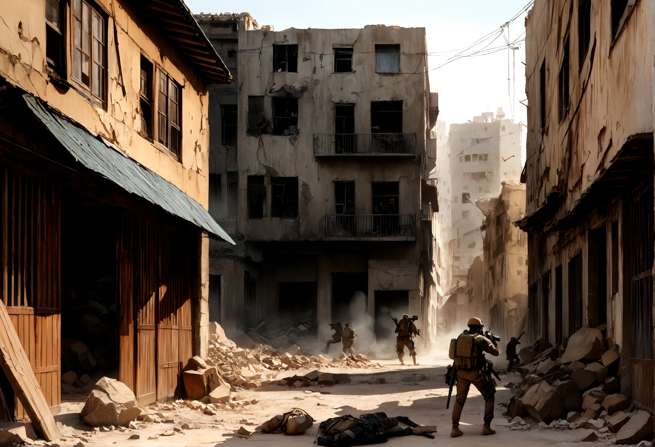 A highly detailed photo of a group of US Marines engaged in intense street fighting in the city of Fallujah, Iraq in 2004, meticulously capturing the chaos and intensity of a house-to-house battle, (best quality, 8k, hyper realistic, masterpiece:1.2), ultra-detailed, (realistic, photorealistic, photo-realistic:1.37), cinematic lighting, gritty urban environment, dynamic poses, smoke and debris, tactical gear, intense expressions, advanced weapon systems, abandoned buildings, rubble-strewn streets, high contrast, dramatic shadows, muzzle flashes, war-torn landscape
