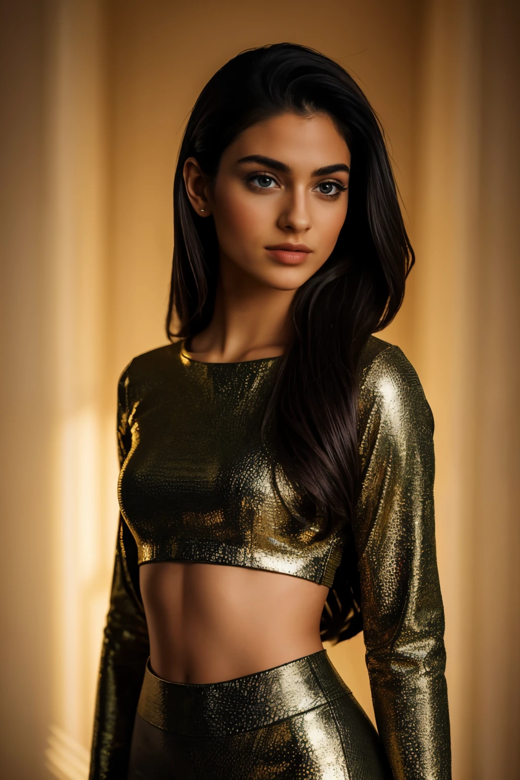 In this portrait, a beautiful 20-year-old female Instagram model is captured in a fully dressed and tasteful manner. She is wearing ivory intricate leggings with a desi design that showcases traditional patterns and craftsmanship.

The lighting setup features rim lighting, which adds a delicate glow around the edges of her form, highlighting her silhouette. Key lighting is strategically placed to illuminate her face and attire, bringing out the fine details and textures of the intricate leggings. The light background provides a clean and minimalistic setting that enhances the focus on the model.

Her pose is confident and poised, reflecting both her beauty and the allure of the desi attire. The overall composition of the portrait, combined with the careful lighting and background choice, creates a captivating and elegant image that is both aesthetically pleasing and artistically refined.