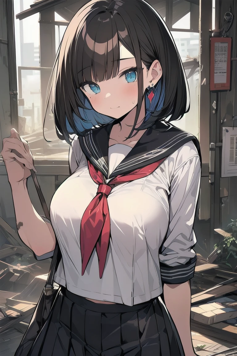 (best quality), (Super detailed), (Best Illustration), (masterpiece), insane detail, score_9, score_8_up, score_7_up, 4k, (teenager), (cute girl), solo, (serafuku), (large breasts:1.2), {brown hair, (sideburns), (bob cut:1.3), curly hair, hairs between eyes, colored inner hair}, {(detailed eyes), blue eyes}, blush, earring, (botanical city), (dilapidated tokyo:1.3), 