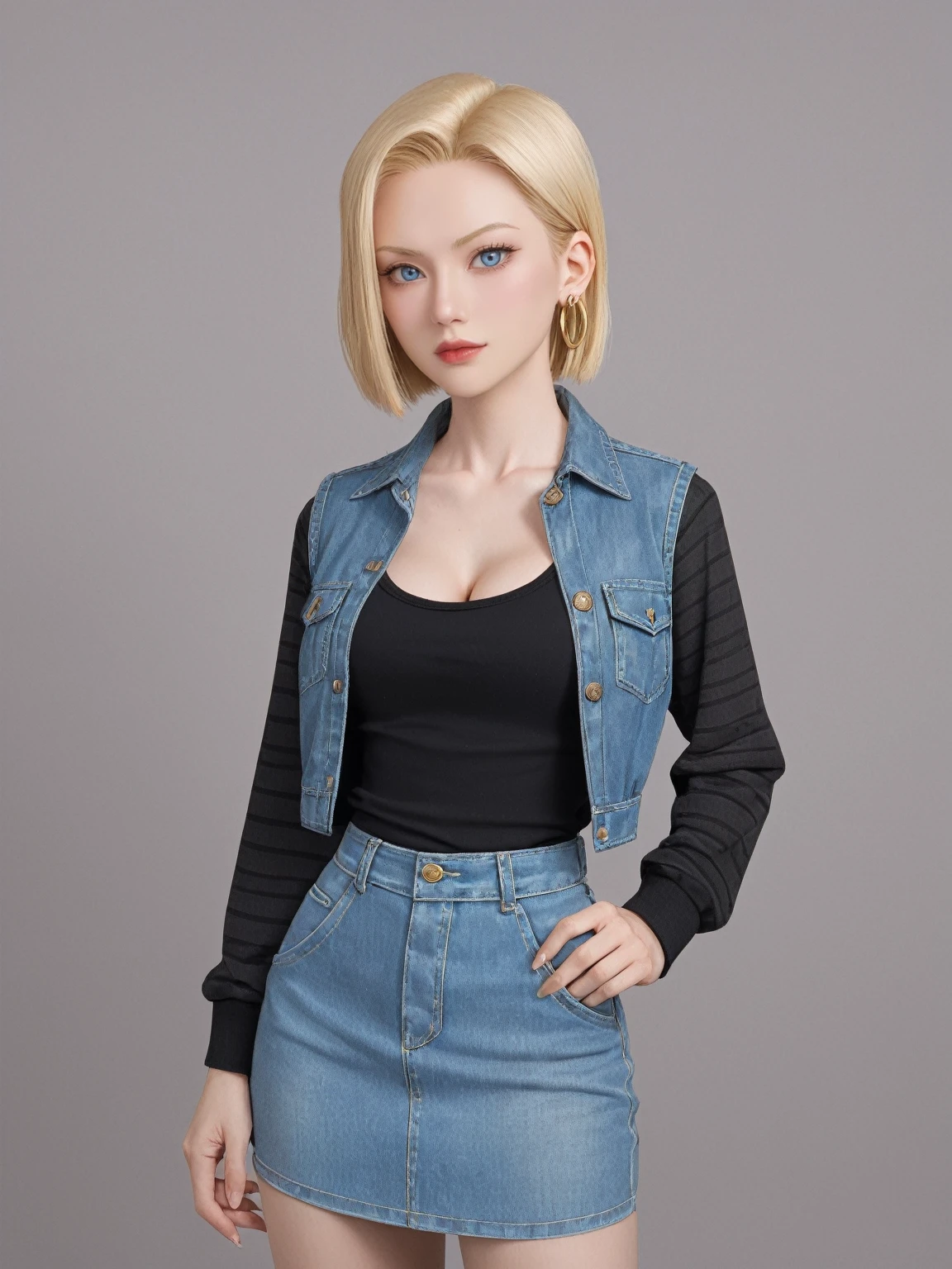 score_9, score_8_up, score_7_up, BREAK,
android 18, Blonde hair, blue eyes, eyeslashes, hoop earings, Short hair, earring
bring, black sock, Black shirt, breast pocket, cleavage, clavicle, denim, denim skirt, high waisted skirt, jewelry, Long sleeves, Pocket, shirt, shirt tucked in, Skirt, streaked, Striped sleeves, waistcoat,Correct hands,