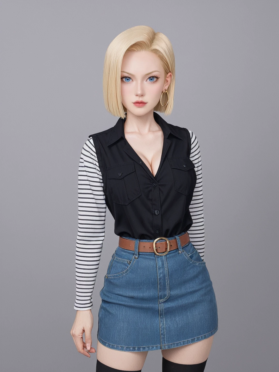 score_9, score_8_up, score_7_up, BREAK,
android 18, Blonde hair, blue eyes, eyeslashes, hoop earings, Short hair, earring
bring, black sock, Black shirt, breast pocket, cleavage, clavicle, denim, denim skirt, high waisted skirt, jewelry, Long sleeves, Pocket, shirt, shirt tucked in, Skirt, streaked, Striped sleeves, waistcoat,Correct hands,
