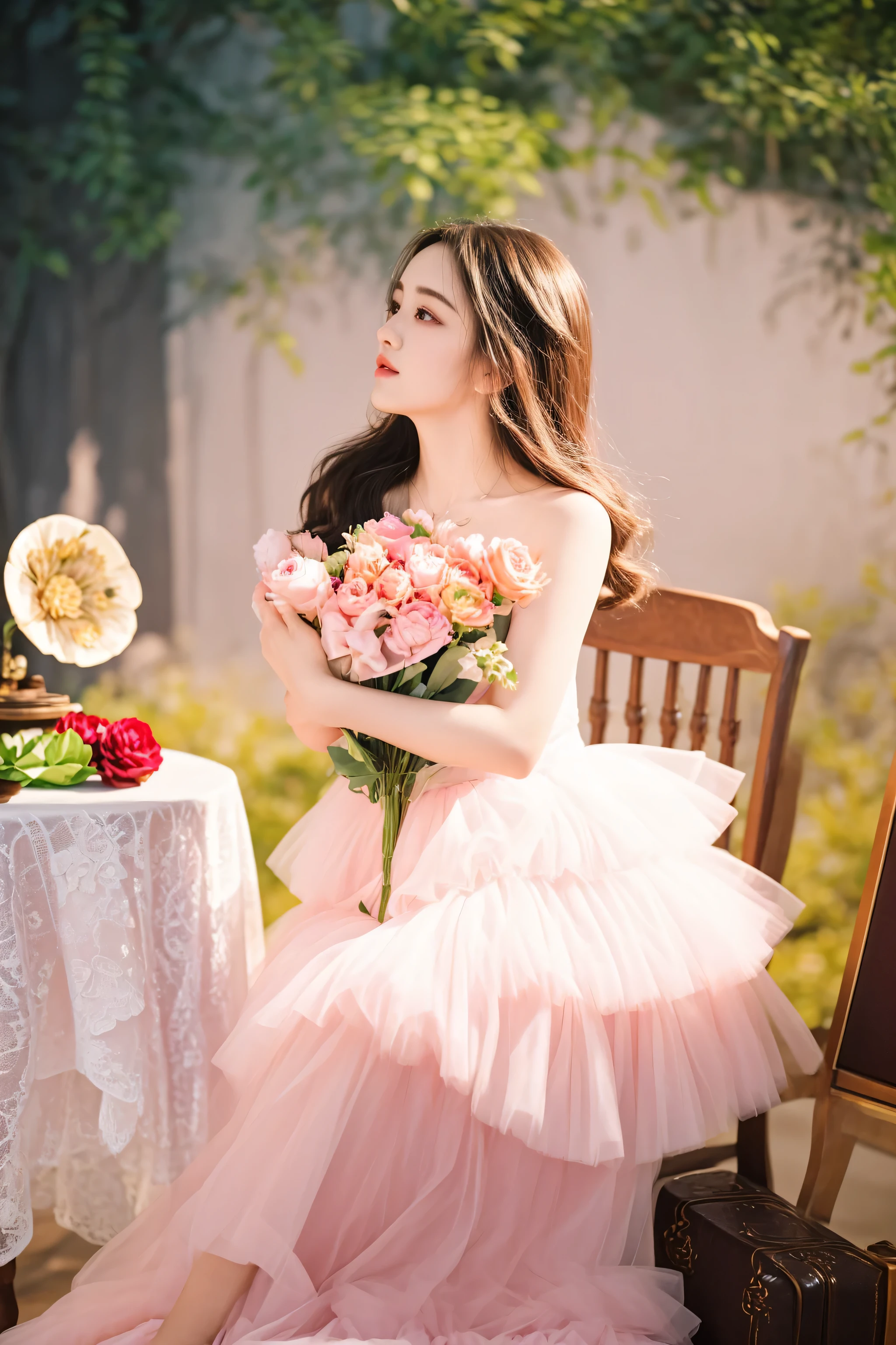 there is a woman sitting on a chair holding a bouquet of flowers, wearing pink romantic tutu, dilraba dilmurat, wearing a pink romantic tutu, pink romantic tutu, fantasy photoshoot, sha xi, jia, krystal, ethereal fairytale, wearing a pink ballroom gown, photo taken with nikon d 7 5 0, photo taken with nikon d750