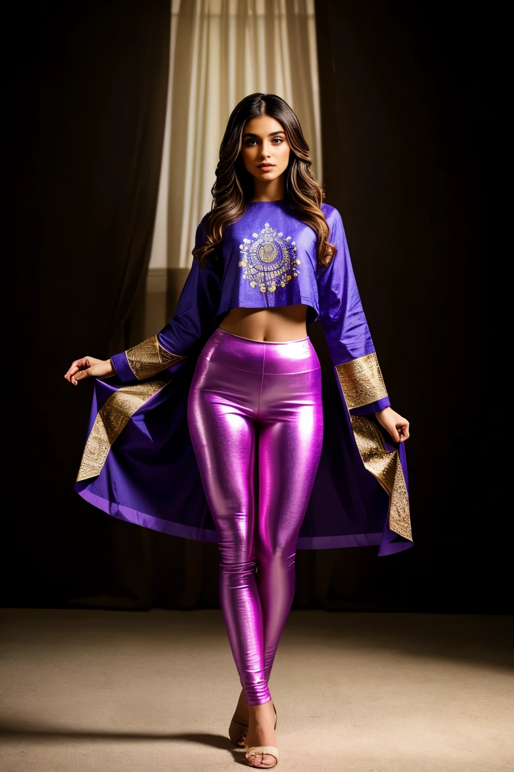 In this portrait, a beautiful 20-year-old female Instagram model is captured in a fully dressed and tasteful manner. She is wearing violet intricate leggings with a desi design that showcases traditional patterns and craftsmanship.
The lighting setup features rim lighting, which adds a delicate glow around the edges of her form, highlighting her silhouette. Key lighting is strategically placed to illuminate her face and attire, bringing out the fine details and textures of the intricate leggings. The light background provides a clean and minimalistic setting that enhances the focus on the model.
Her pose is confident and poised, reflecting both her beauty and the allure of the desi attire. The overall composition of the portrait, combined with the careful lighting and background choice, creates a captivating and elegant image that is both aesthetically pleasing and artistically refined.