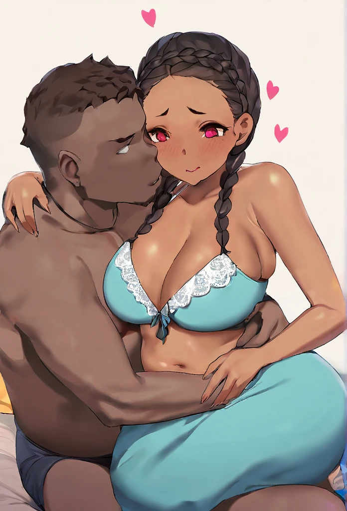 Latina squishy belly wife, dark skinned husband. Heart eyes. Sitting on his lap. French braids