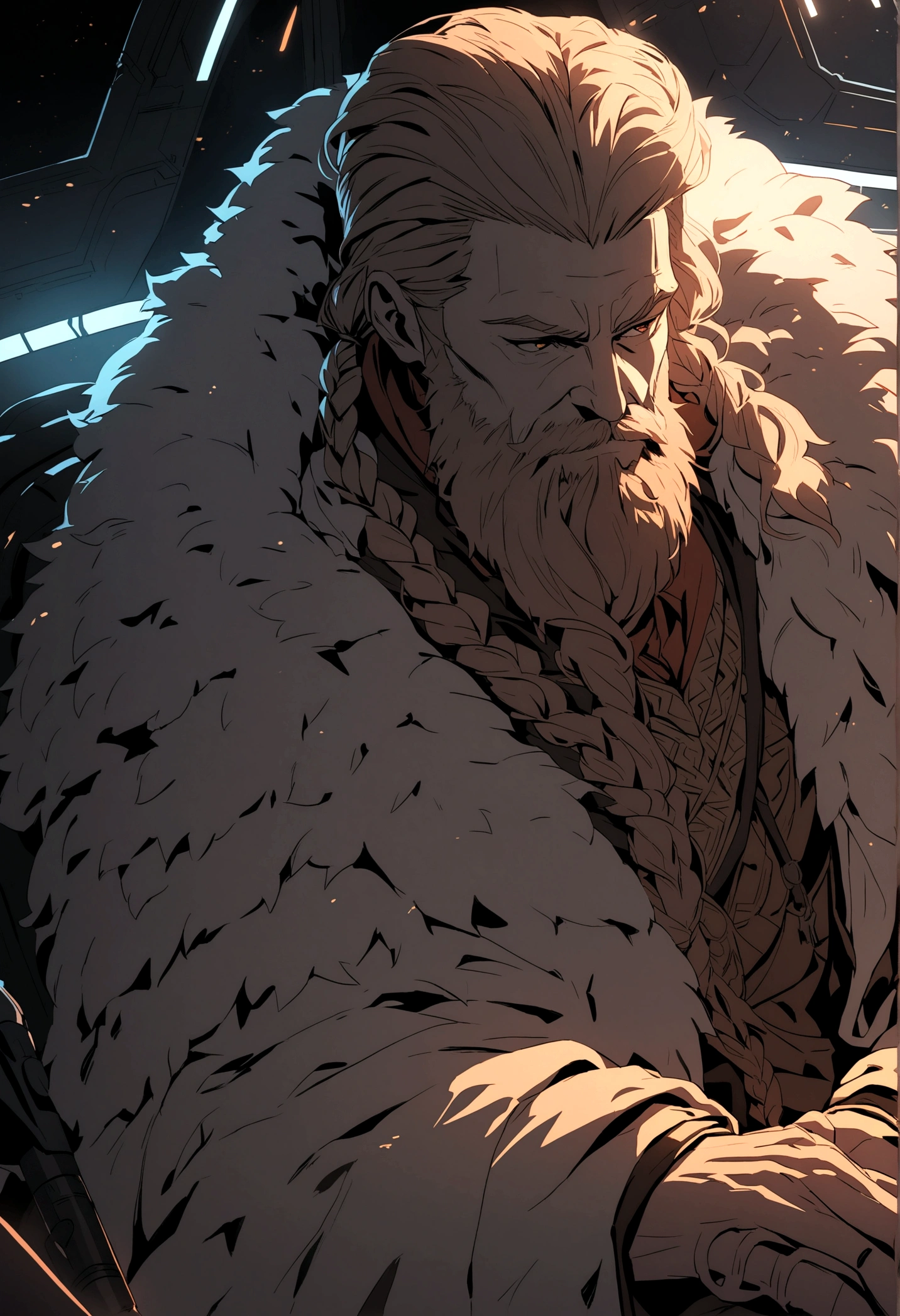 a mature viking man with Scarlett braided hair and beard,sitting in a futuristic spaceship, his chair draped in a bear's pelt, sharpening a high-tech axe,detailed face and expression,intricate details,cinematic lighting,dramatic atmosphere,epic scale,warmcolor palette,epic and atmospheric