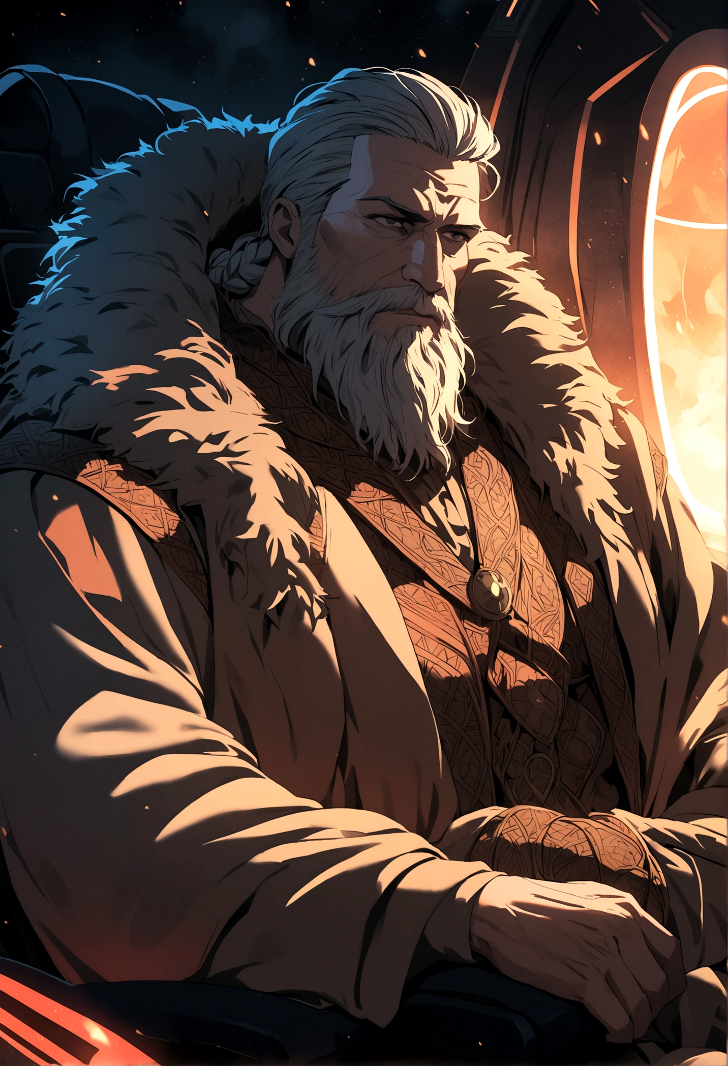 a mature viking man with Scarlett braided hair and beard,sitting in a futuristic spaceship, his chair draped in a bear's pelt, sharpening a high-tech axe,detailed face and expression,intricate details,cinematic lighting,dramatic atmosphere,epic scale,warmcolor palette,epic and atmospheric