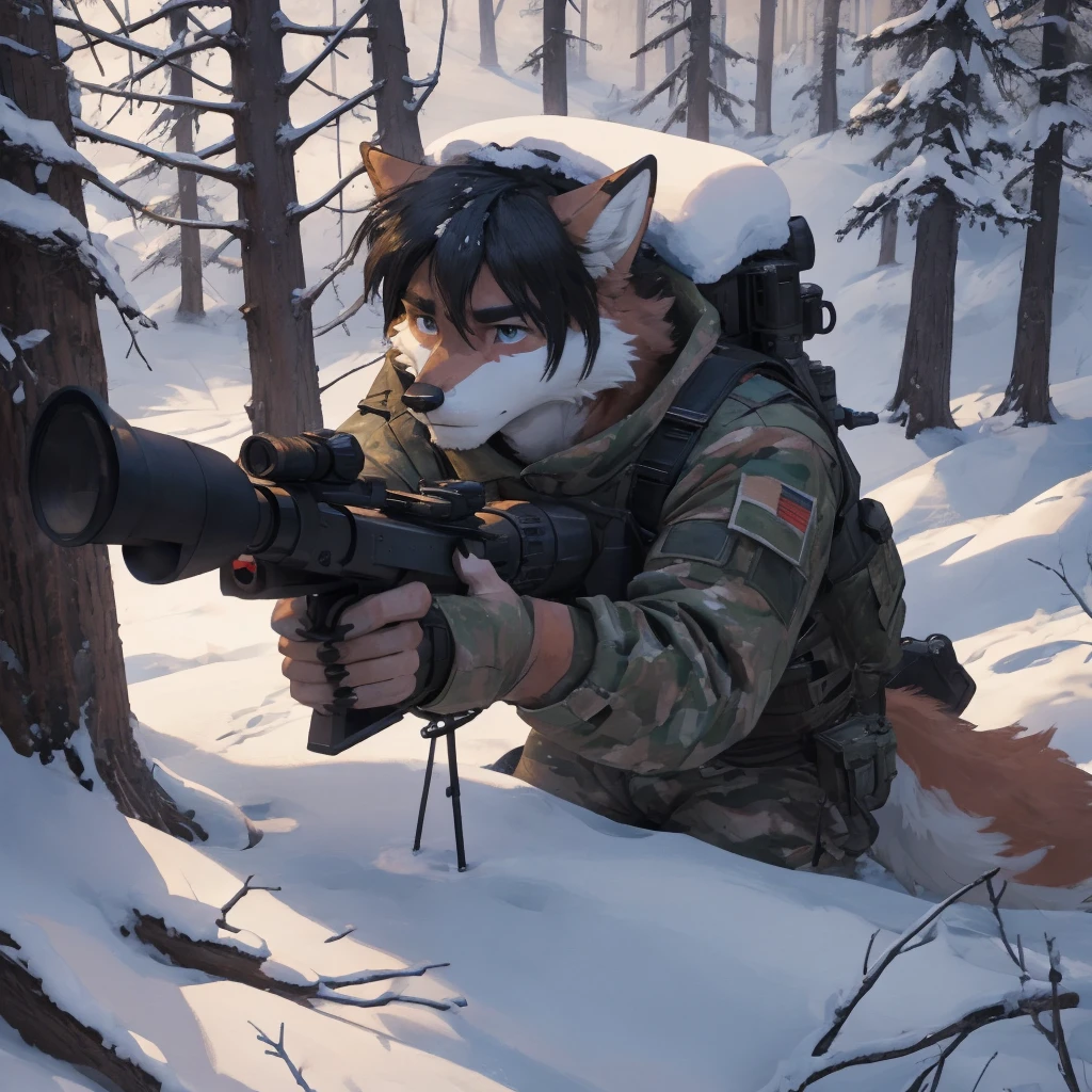 Male, male, fox, arctic fox, white fur, short hair, black hair, red heart stripes on his hair, 20 years old, marksman, sniper, sniper rifle, Snow camouflage, winter camouflage, dramatic effect, dramatic light, shadow, shade, higlight, high quality, high details, High detailed image, high quality image, Very detailed shadows, high detail shadows, Snowy forest, snowy, Winter