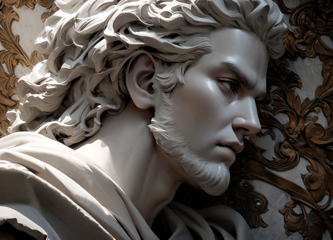 A Portrait Statue of the Stoic Marcus Aurelius in Black and White 4K,Face lateral, super realistic wallpaper,man strong,brawny