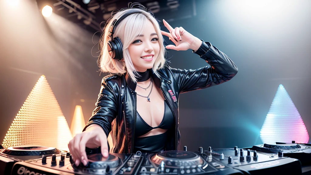 (ultra - detailed, 16K resolution, Cinema lenses, rendering by octane), (high resolution:1.18), intricate detail, (masterpiece:1.1), (highest quality:1.1), (1girl, portrait, white hair, blue eyes, short hair, detailed eyes),Wearing silver DJ headphones, Shiny silver sequined T-shirt, (Iconic hip-hop pop costumes:1.3), Smile while DJing on stage, full body shot of, The spotlight shines on the female DJ. Photorealistic photography by Disco Lighting, (cute round face:1.3), perfect fingers, five fingers, beautiful hands, perfect hands. master peace, cute smile.