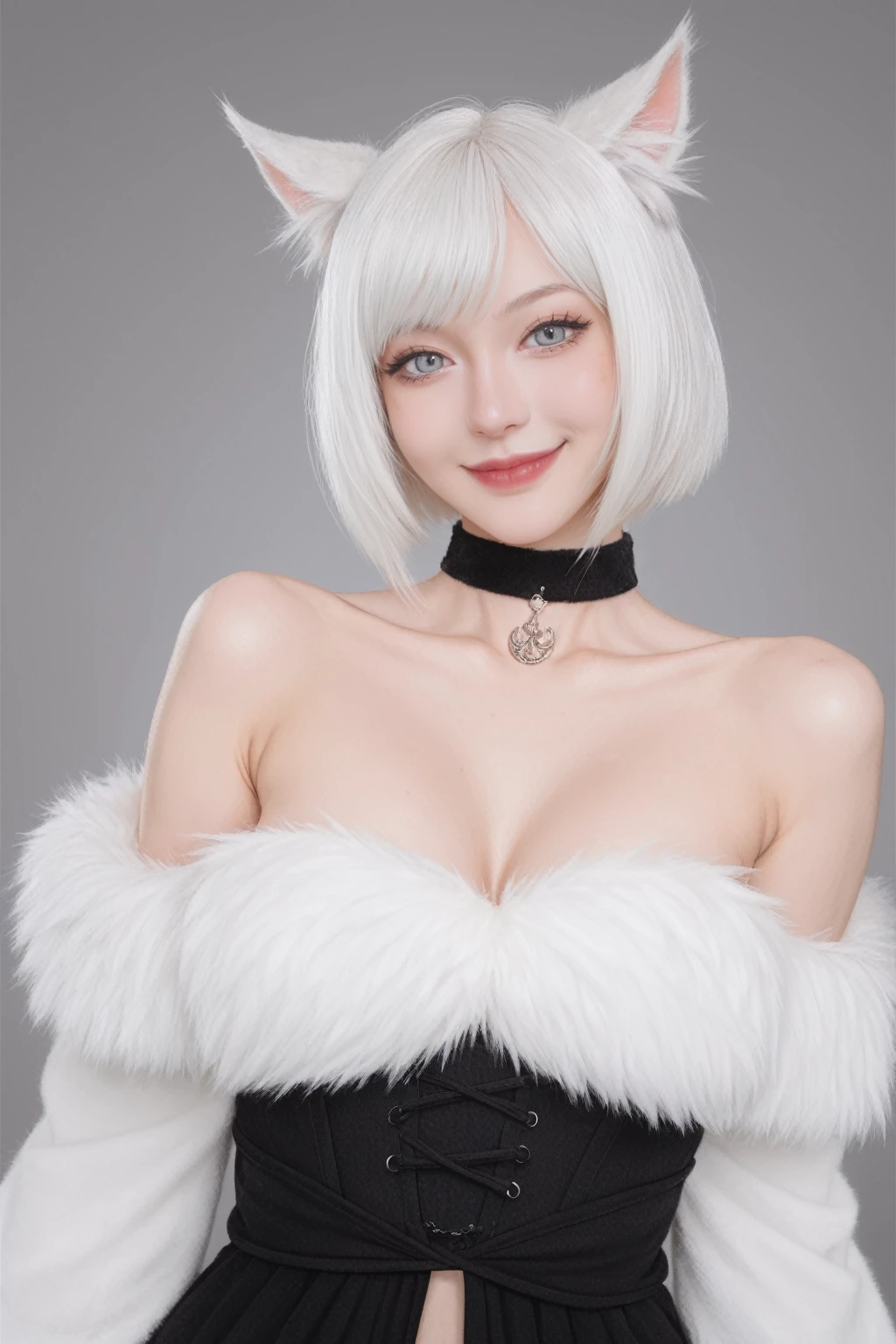 score_9, score_8_up, score_7_up, BREAK,
relaxed pose,realistic,y'shtola rhu,final fantasy xiv,snatched waist, feather hair ornament,fur trim,choker,feathers,jewelry,neck tattoo,black robe,randomboobguy,from below,light smile, 1girl,(y'shtola rhul:1.2),looking at viewer,white hair,cat ears,short hair,miqo'te,grey eyes,cat tail,realistic,high quality,