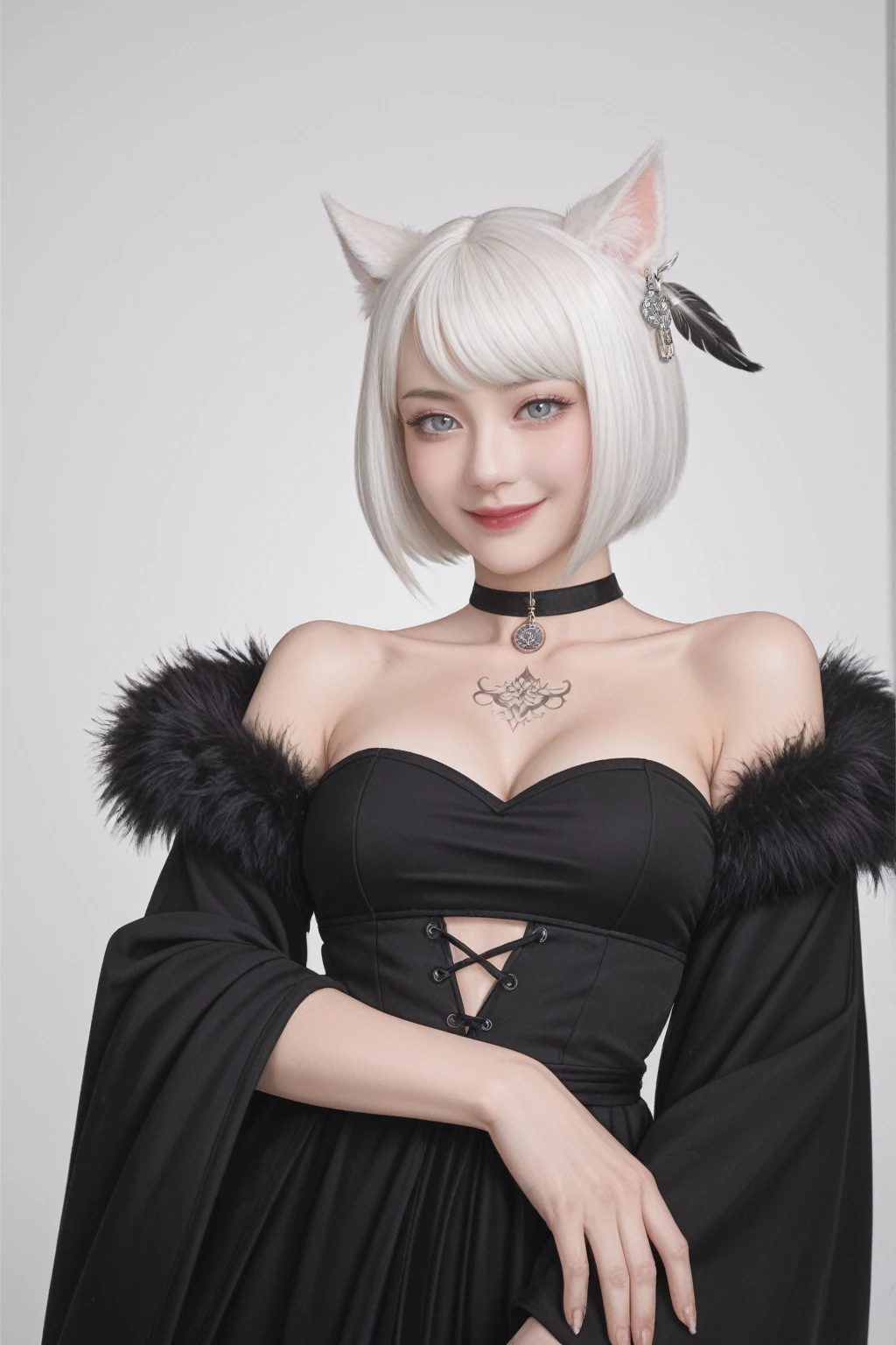 score_9, score_8_up, score_7_up, BREAK,
relaxed pose,realistic,y'shtola rhu,final fantasy xiv,snatched waist, feather hair ornament,fur trim,choker,feathers,jewelry,neck tattoo,black robe,randomboobguy,from below,light smile, 1girl,(y'shtola rhul:1.2),looking at viewer,white hair,cat ears,short hair,miqo'te,grey eyes,cat tail,realistic,high quality,