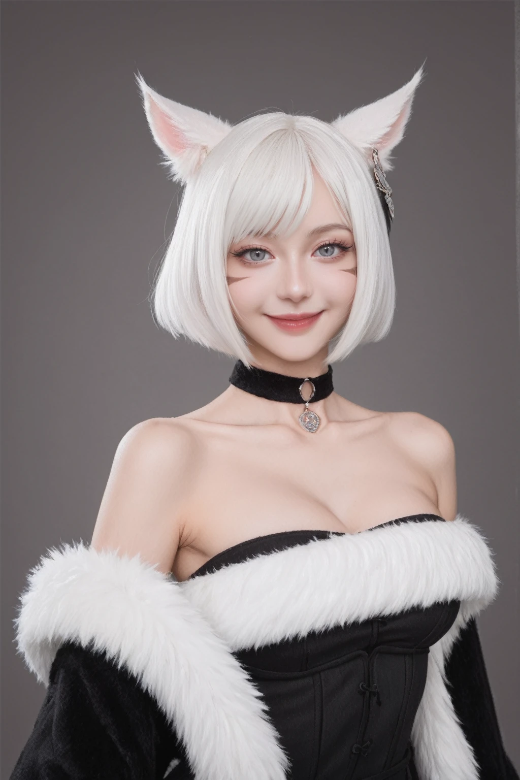 score_9, score_8_up, score_7_up, BREAK,
relaxed pose,realistic,y'shtola rhu,final fantasy xiv,snatched waist, feather hair ornament,fur trim,choker,feathers,jewelry,neck tattoo,black robe,randomboobguy,from below,light smile, 1girl,(y'shtola rhul:1.2),looking at viewer,white hair,cat ears,short hair,miqo'te,grey eyes,cat tail,realistic,high quality,