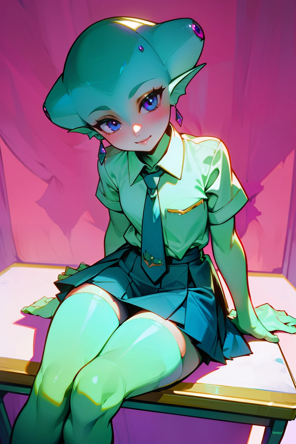 (masterpiece, high quality) 1 girl, Ruto_Zelda, Ruto, sitted on a school desk, pleated skirt, white blouse, green tie, high socks, flirty, flushed, smiling, detailed eyes,