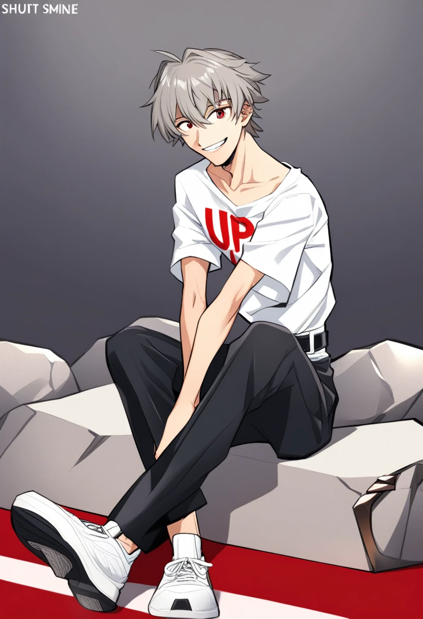 1 Boy，Male focus，solo，Kaworu Nagisa，shirt，Sitting，Red Eyes，Rock，Pants，白shirt，shoe，有领shirt，黑色Pants，Hair between the eyes，Short sleeve，Shut up，Gray Hair，White shoes，belt，sports shoes，Looking at the audience，clavicle，With your own hands together，Bangs，Watermark，Shinji Ikari，sign，Artist Name，Smile，Uniforms，Gray background，浅Smile