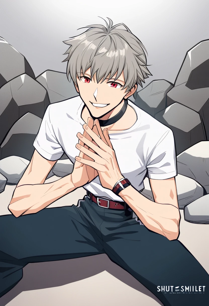 1 Boy,Male focus,solo,Kaworu Nagisa,shirt,Sitting,Red Eyes,Rock,Pants,白shirt,shoe,有领shirt,黑色Pants,Hair between the eyes,Short sleeve,Shut up,Gray Hair,White shoes,belt,sports shoes,Looking at the audience,clavicle,With your own hands together,Bangs,Watermark,Shinji Ikari,sign,Artist Name,Smile,Uniforms,Gray background,浅Smile