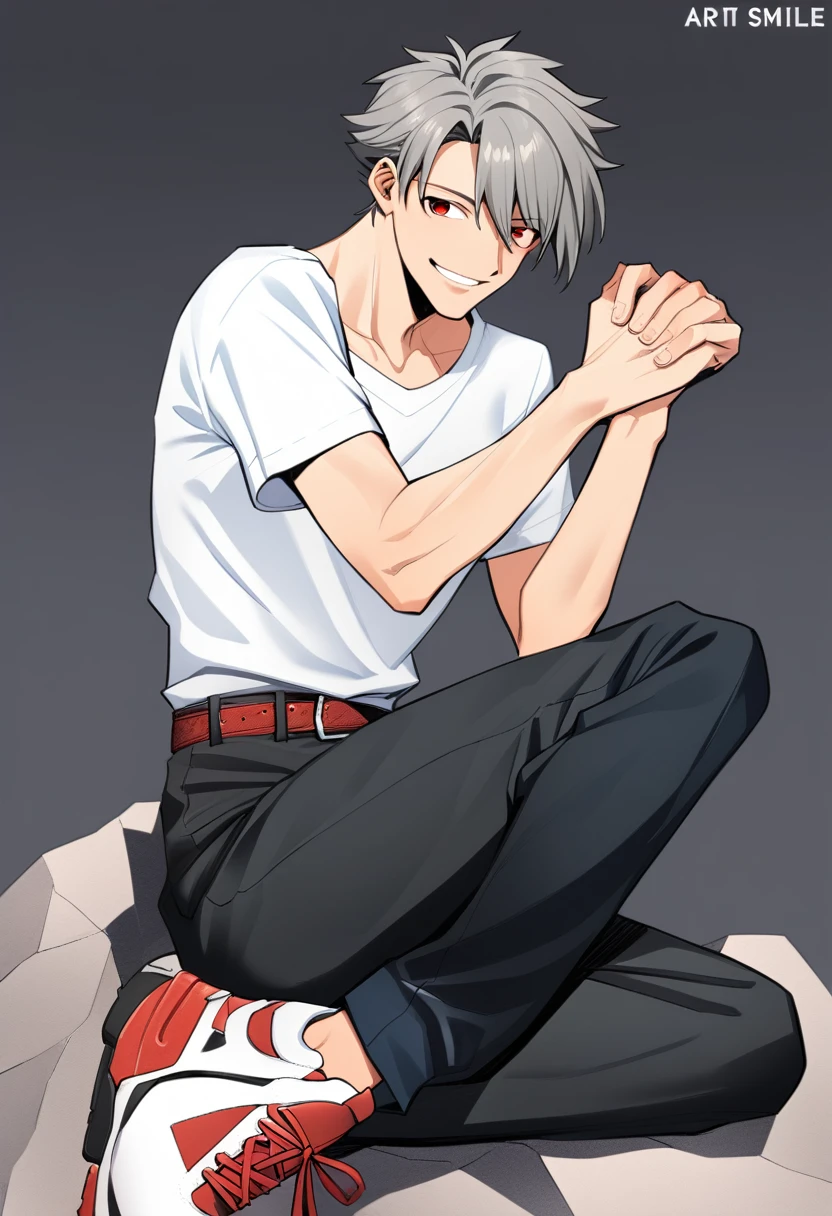 1 Boy,Male focus,solo,Kaworu Nagisa,shirt,Sitting,Red Eyes,Rock,Pants,白shirt,shoe,有领shirt,黑色Pants,Hair between the eyes,Short sleeve,Shut up,Gray Hair,White shoes,belt,sports shoes,Looking at the audience,clavicle,With your own hands together,Bangs,Watermark,Shinji Ikari,sign,Artist Name,Smile,Uniforms,Gray background,浅Smile