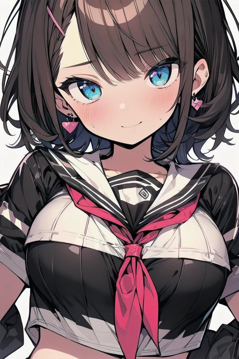 (best quality), (Super detailed), (Best Illustration), (masterpiece), insane detail, score_9, score_8_up, score_7_up, 4k, (teenager), (cute girl), solo, (serafuku), (large breasts:1.2), {brown hair, (sideburns), (bob cut:1.3), curly hair, hairs between eyes, colored inner hair}, {(detailed eyes), blue eyes}, (enjoy:1.3), blush, earring, (white background),