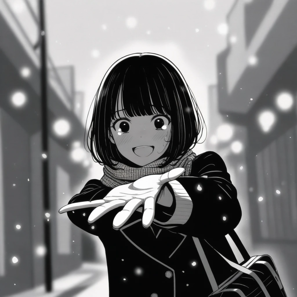 masterpiece, best quality, 1girl, mamerakkkkko, grayscale, manga style, japanese, chi no wadachi, black eyes, street, iced, black hair, schoolbag, smile, lineart, black coat, black scarf, black pleated skirt, leggins, centered, adult female:1.4, tall, fair skinned, bokeh background, crying, tears, tears streaming, bob cut, light particles, centered, snowing, (((reaching out left hand to viewer, perfect hand, detailed hand:1.1)), emotional anime scene
