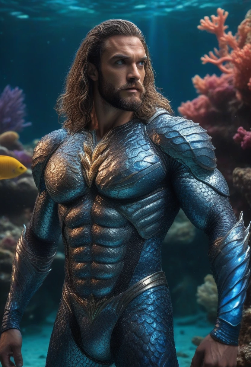 a muscular Aquaman, chiseled jawline, intense blue eyes, flowing wavy dark hair, handsome facial features, pecs and abs clearly defined, wearing a metallic scale armor suit, standing in an underwater scene with coral reefs and schools of tropical fish, dramatic lighting, cinematic, (best quality,4k,8k,highres,masterpiece:1.2),ultra-detailed,(realistic,photorealistic,photo-realistic:1.37),detailed facial features,extremely detailed eyes and face,longeyelashes,studio lighting,vivid colors,dramatic lighting,dynamic pose,ocean background,coral reef,tropical fish