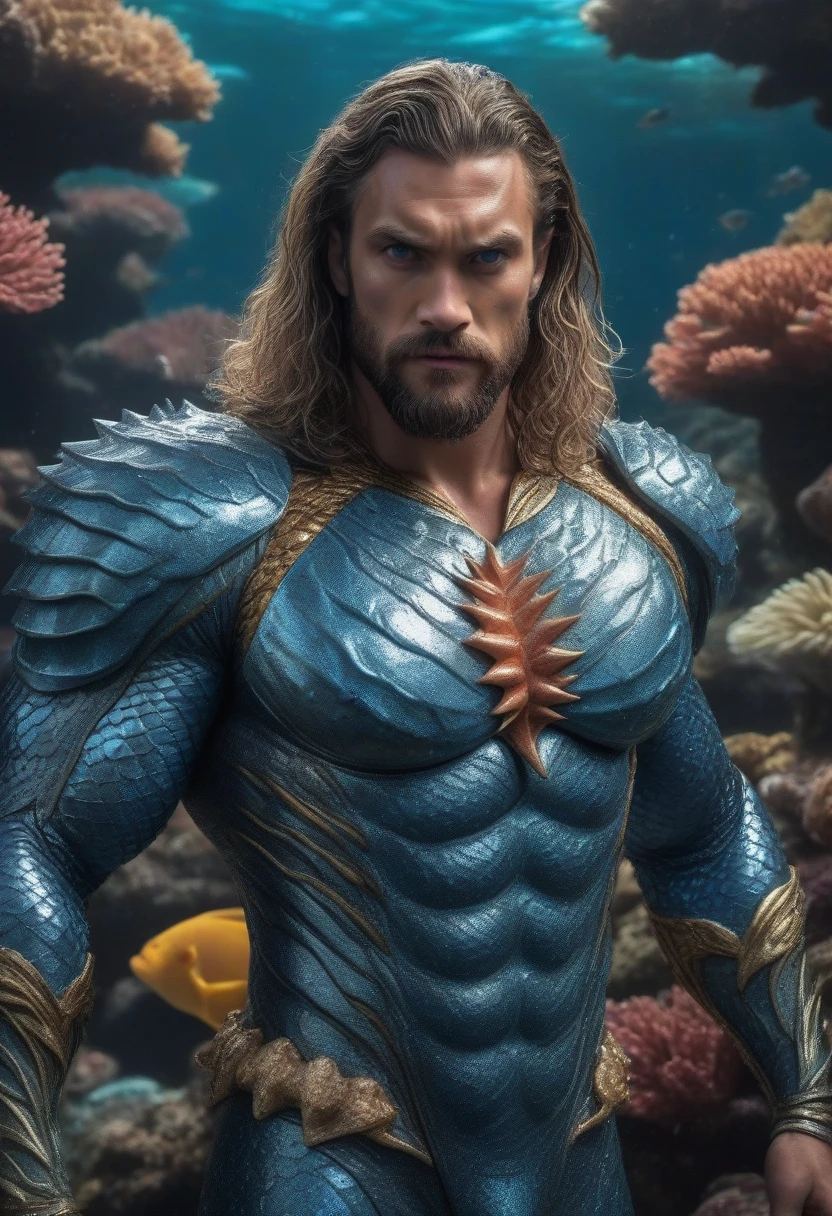 a muscular Aquaman, chiseled jawline, intense blue eyes, flowing wavy dark hair, handsome facial features, pecs and abs clearly defined, wearing a metallic scale armor suit, standing in an underwater scene with coral reefs and schools of tropical fish, dramatic lighting, cinematic, (best quality,4k,8k,highres,masterpiece:1.2),ultra-detailed,(realistic,photorealistic,photo-realistic:1.37),detailed facial features,extremely detailed eyes and face,longeyelashes,studio lighting,vivid colors,dramatic lighting,dynamic pose,ocean background,coral reef,tropical fish