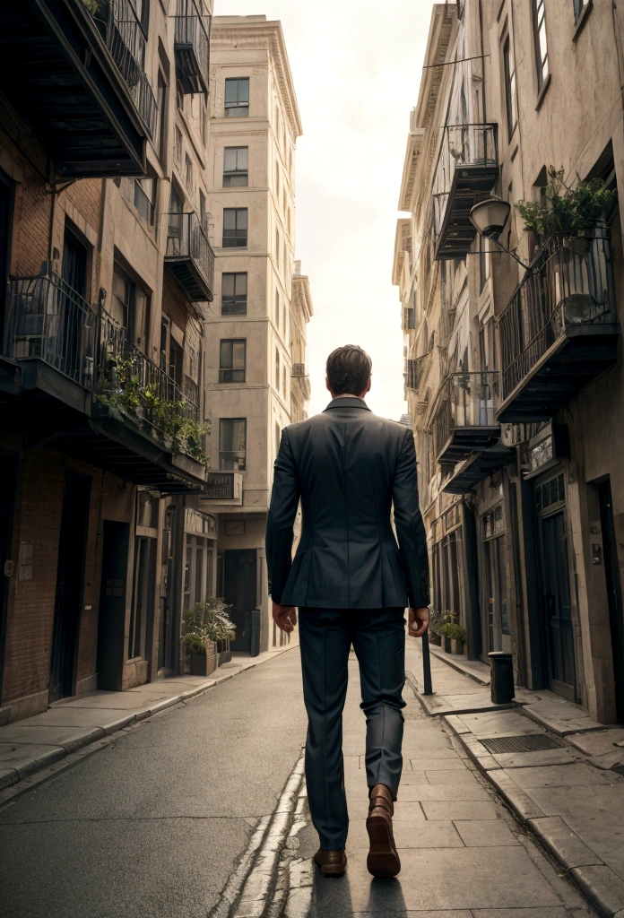 realistic photo of a man walking down a city street