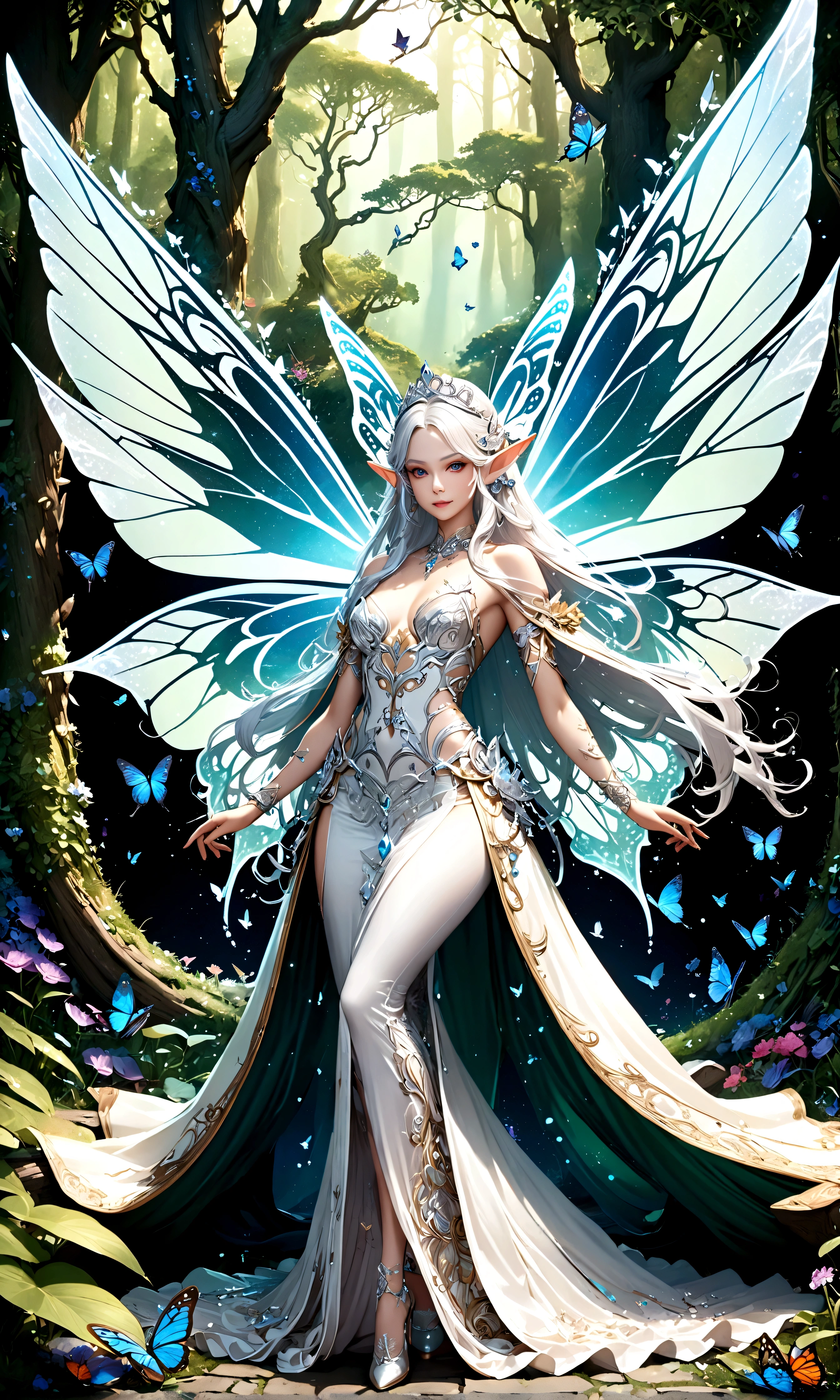 draw the queen of spirits,white skin type,perfect face,pointed ears,elf elements,Queen's tiara made of silver,noble and beautiful,long silk dress,fairy wings,perfect proportions,(Perfect Anatomy: 1.3),zoom out,show the whole body,use magic,elegant,artwork,rendering,dynamic pose,(highest quality:1.4),(Super detailed:1.5),High resolution,Very detailed,unity 8k wallpaper,Dark fantasy,Wind,fairy forest,shining butterfly,anatomically correct