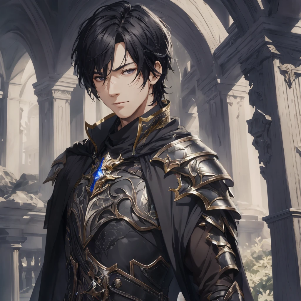 masterpiece, best quality, 1man, adult, male focus, solo, medium hair, black hair,, looking at viewer, cape, High quality metal texture, overcoat, closed mouth, upper body, bangs, high collar,(kbxll:0.6), Fantasy aesthetics, Highly detailed, shadowverse style, armored gloves, metallic gloves, black armor