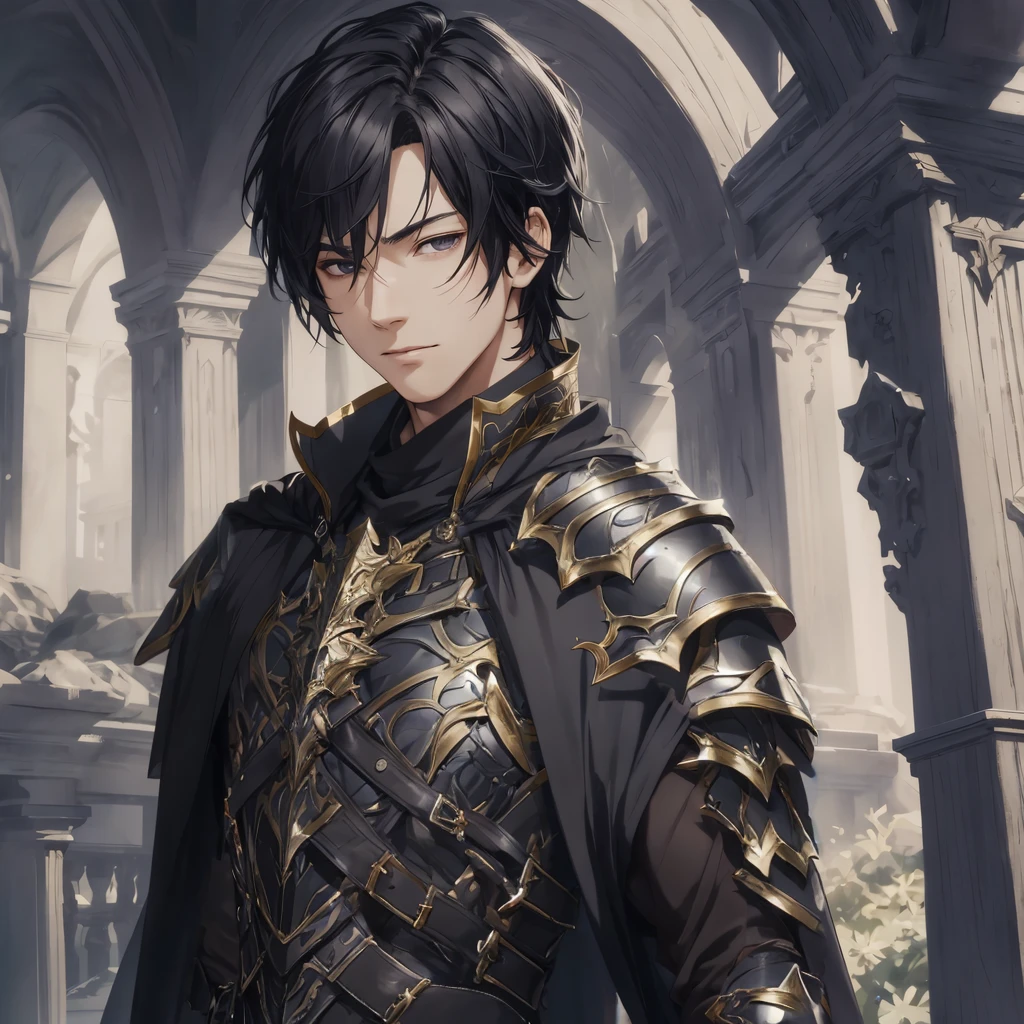 masterpiece, best quality, 1man, adult, male focus, solo, medium hair, black hair,, looking at viewer, cape, High quality metal texture, overcoat, closed mouth, upper body, bangs, high collar,(kbxll:0.6), Fantasy aesthetics, Highly detailed, shadowverse style, armored gloves, metallic gloves, black armor