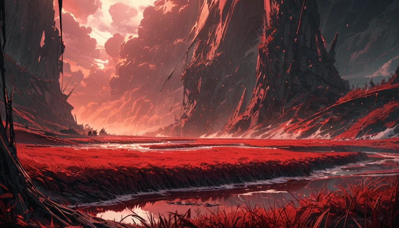 huge grass field, grass covered ib blood, corpses laying on the ground, dark fantasy aestetics, after storm aestetics, elden ring vibes, beautiful blood-red skies, blood drops on the grass, streams of blood on the ground, white steam near the corpses, catastrophe aestetics, scene after defeat, from side, wide shot, best quality, highres, 4K, award winning, high details, masterpiece