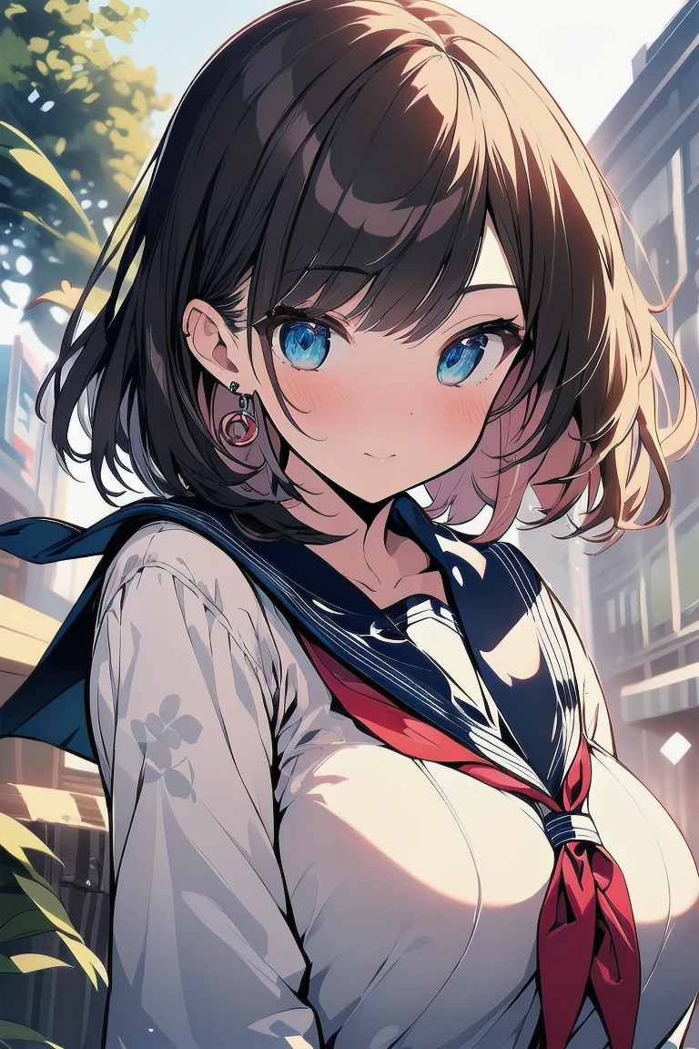 (best quality), (Super detailed), (Best Illustration), (masterpiece), (woman), {(white serafuku:1.2)}, (large breasts:1.2), {brown hair, (sideburns), (bob cut:1.3), curly hair, hairs between eyes, colored inner hair}, {(detailed eyes), blue eyes}, blush, earring, wind, botanical city