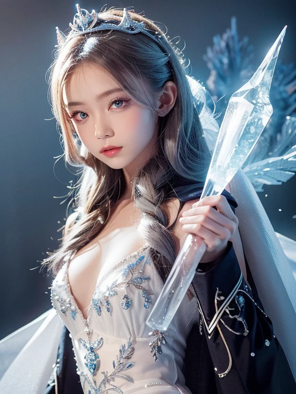 One Girl, Ice wand, White Cape, Ice crystals, winter, Frozen, Ice Castle, Transparency, Ice tiara. Silver Hair
, Cowboy Shot