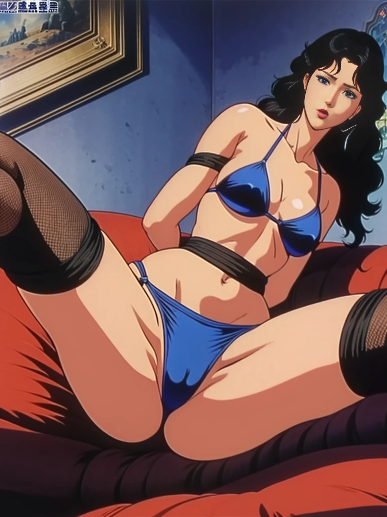 ((masterpiece)), Highest quality, Very detailed, Absurd, 8K, wonderful, Very detailed, The finer details, Browsing Caution, (Very complicated:1.2), (Very delicate), Very detailed, RuiKisugi, 1 Female, Long Hair, Wavy Hair,Voluminous Hair ,Black Hair, eyelash, blue eyes, lipstick, One girl, (whole body:1.2), (Finding_stance:1.3), Very detailed face, Nice fine detail, Perfect Eyes, Fascinating eyes, Beautiful attention to detail, Small Mouth, Fascinating_smile, Mature Woman, Mature Woman, Body with nine heads, thin, compensate, Big Breasts, (museum:1.3), (Urzan-6500-v1.1), Detailed fingers, Perfect hands, Length 180cm,Small face,sweating, Soft thighs,Sexy legs,Sexy ass, Cleavage,Open the chest,Angle from below,(Low angle shot:1.1),((Amazing orgasm)),赤いlipstick, whole body写真撮影,大きなSexy ass, Perfect Body Proportions, Slim waist,Nipples visible,Tight waist,(Long legs:1.2),Wearing high heels,Shiny skin,Sitting on sofa with legs spread,Black Micro Bikini、(Rope Bondage:1.4),((Put your arms behind your back)),((Wrists tied behind the back)),((Spread your legs out to the sides)),((Raise both legs high)),((Spread your legs in a V-shape)),((Show the soles of your feet)),Tied up woman,Tied up with rope, Tightly bound, Hands tied, Her body was tied with ropes,(Fully expose your thighs to the viewer:1.6),Beautiful Hands, Pay attention to her beautiful legs, Cleavage,Open the chest,anime,G-Cup,Tears of the Next Life,Rui Kisugi,Rui Kisugi,
