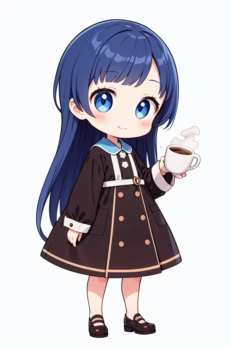 chibi, flat color, solo, full body, cute, (highest quality), gentian blue hair, long hair, coffee brown eye, Beautiful Eyes, smile, gentian blue clothes, white background, (masterpiece)