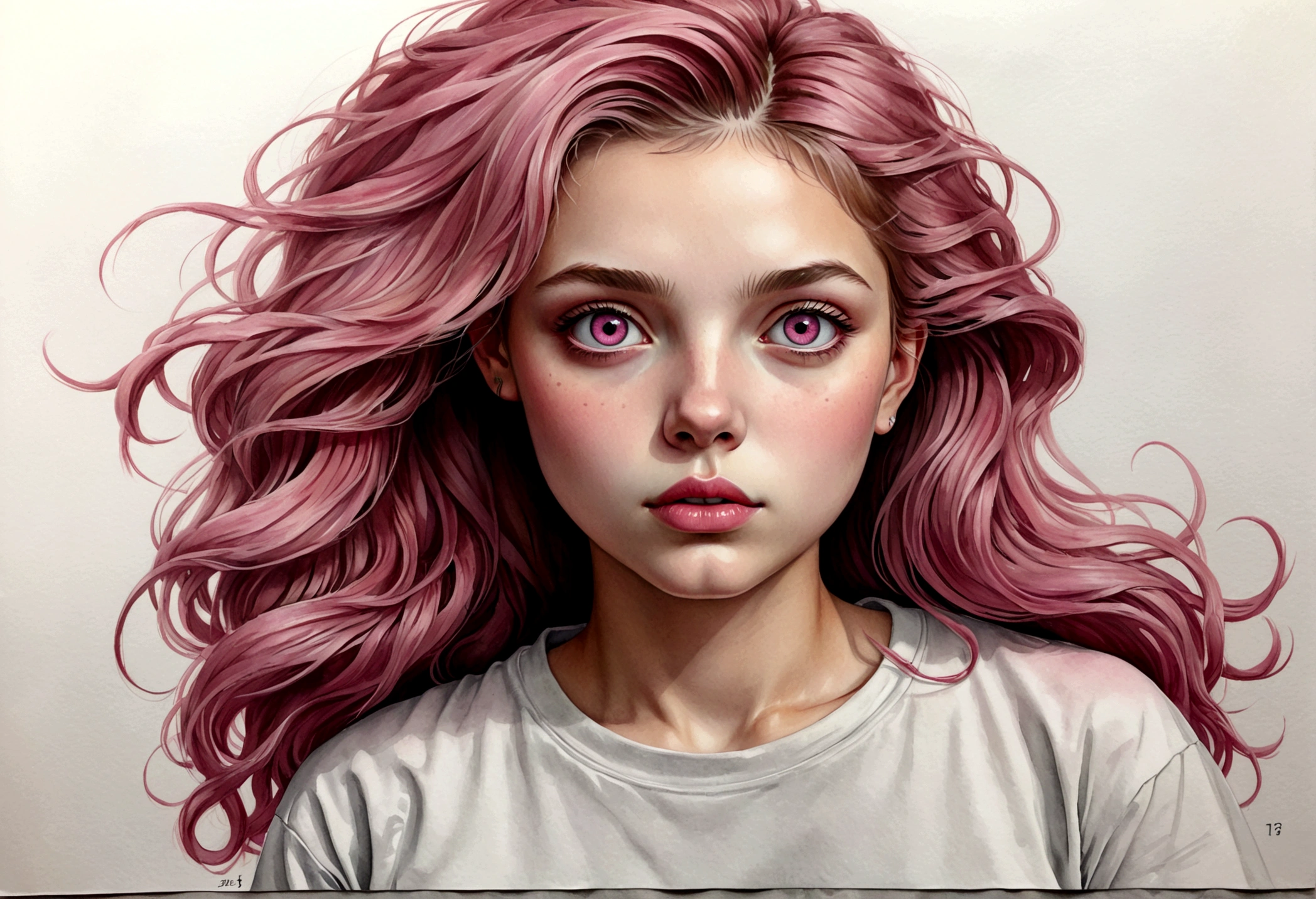 (masterpiece),(best quality:1.1),(ultra-detailed),best illustration,finely detail,(portrait:1.1),(intense close-up),watercolor drawing)floating,1girl,solo,13 years old,slim,(extremely delicate and beautiful face),(detailed pink eyes),pink thick lips,(disheveled hair),(wearing a baggy T-shirt),soft and lazy,(simple background:1.2)whole colored background,clear,4K