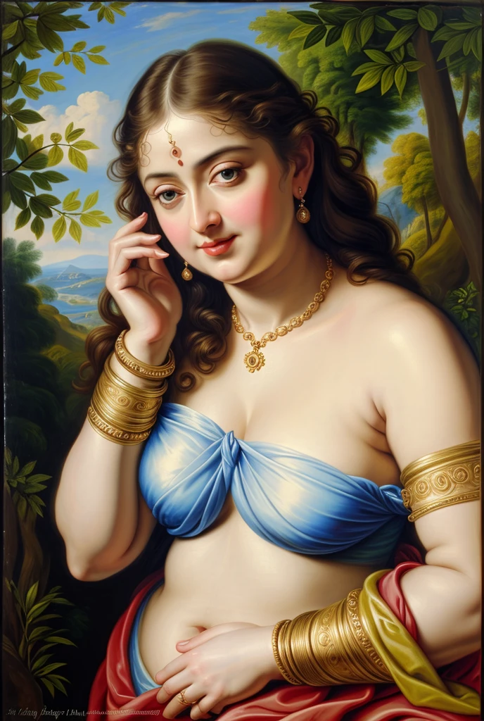 Looks like Anushka Shetty, (solo), middle aged woman, Masterpiece, Best quality, high clarity eyes, beautifully styled hair, curvy, sexy navel folds, feminine curve, motherly figure, critically flawless,sharp picture, Full portrait, High pixels, perfect face, perfect eyes, beautiful face, perfect hands,perfect fingers, in Peter Paul Rubens style, by Peter Paul Rubens, baroque style, acrylic on canvas, highly detailed, description: "Create a nymph inspired by the tales of Greek or Roman mythology, embodying the essence of a natural element or location, and possessing a unique ability or trait that sets her apart.", beautiful nature in the background, Brilliant colors,