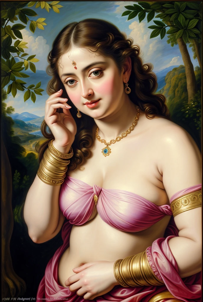 Looks like Anushka Shetty, (solo), middle aged woman, Masterpiece, Best quality, high clarity eyes, beautifully styled hair, curvy, sexy navel folds, feminine curve, motherly figure, critically flawless,sharp picture, Full portrait, High pixels, perfect face, perfect eyes, beautiful face, perfect hands,perfect fingers, in Peter Paul Rubens style, by Peter Paul Rubens, baroque style, acrylic on canvas, highly detailed, description: "Create a nymph inspired by the tales of Greek or Roman mythology, embodying the essence of a natural element or location, and possessing a unique ability or trait that sets her apart.", beautiful nature in the background, Brilliant colors,