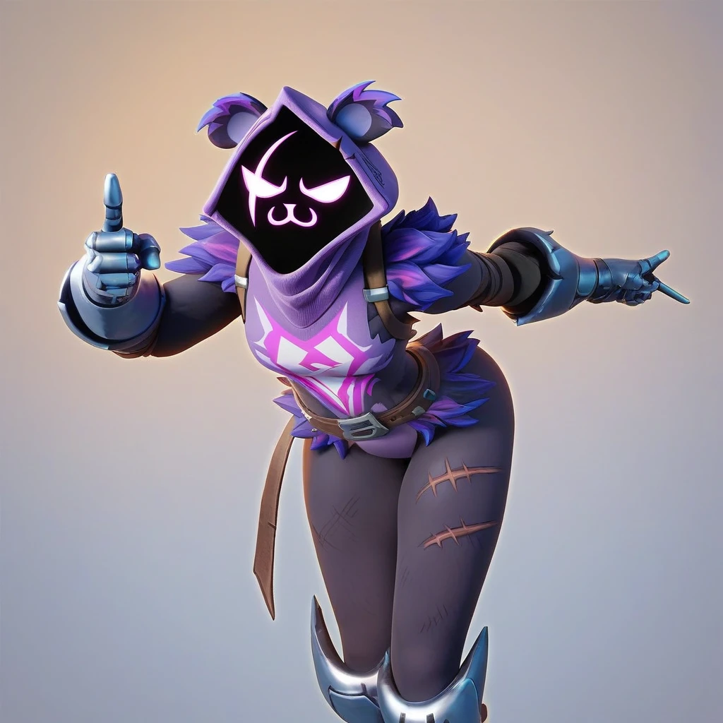 Raven team leader,purple hoodie, with no face, shadowed face, animal ears,purple skin, scar on eye, body skin, purple fur, waist belt, torso symbol, metal gloves, pointing your ass at the viewer, leaning forward, pushing, she closes her eyes, hands resting on top of a small wall, her with her eyes closed, hands are not in the air, expression of force, clear and blue day