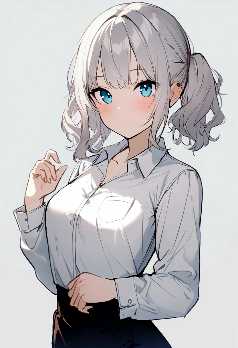 1girl, ebenya, looking at viewer, white hair, white shirt, open clothes, russian, ba-shiroko, blue eyes 