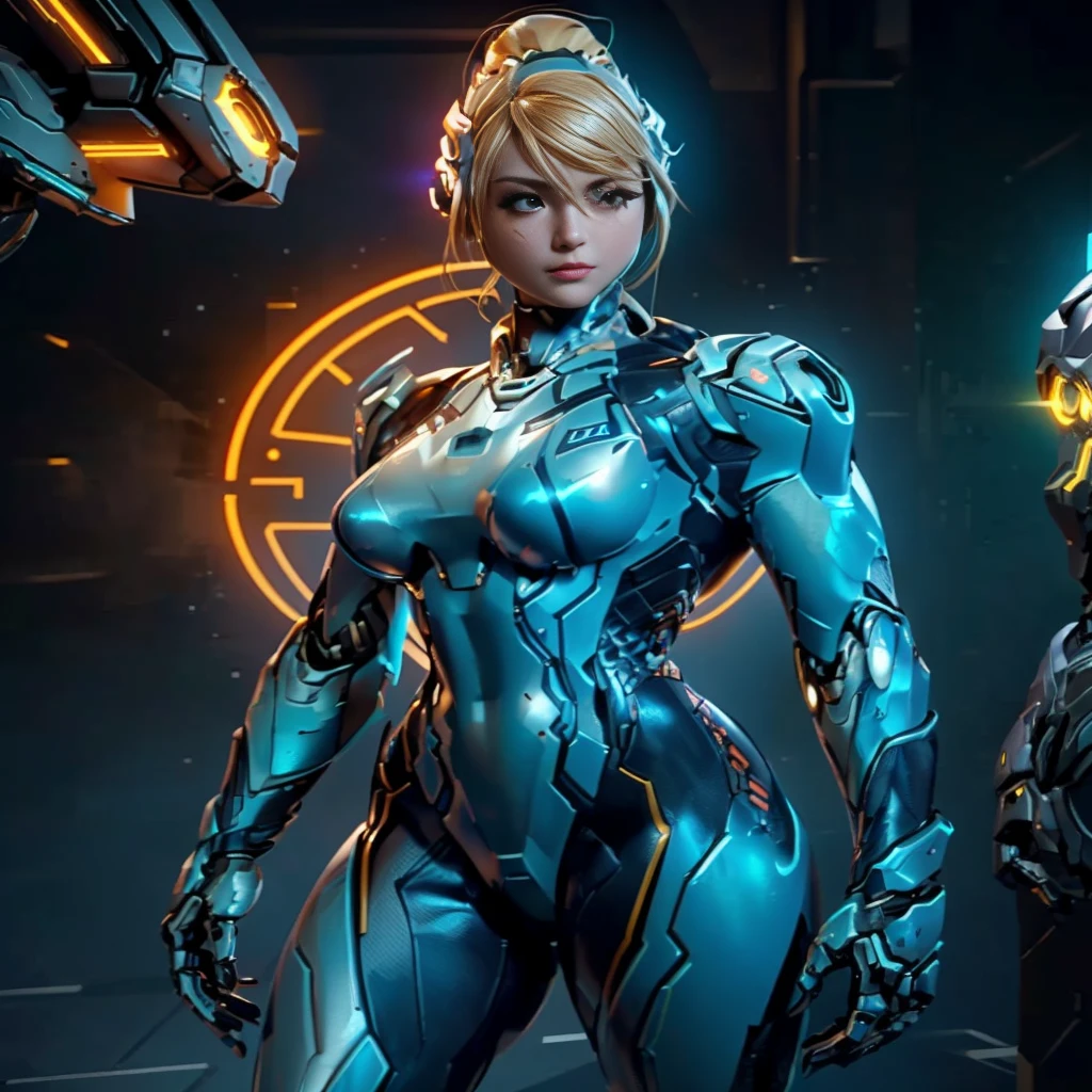 a close up of a woman in a futuristic suit standing next to a robot, cybersuit, cybersuits, diverse cybersuits, cyber suit, unreal engine character art, girl in mecha cyber armor, sci-fi skin, platinum skin, epic sci-fi character art, epic sci - fi character art, energetic varia suit, starcraft 2 videogame character, 8K image quality, Masterpiece