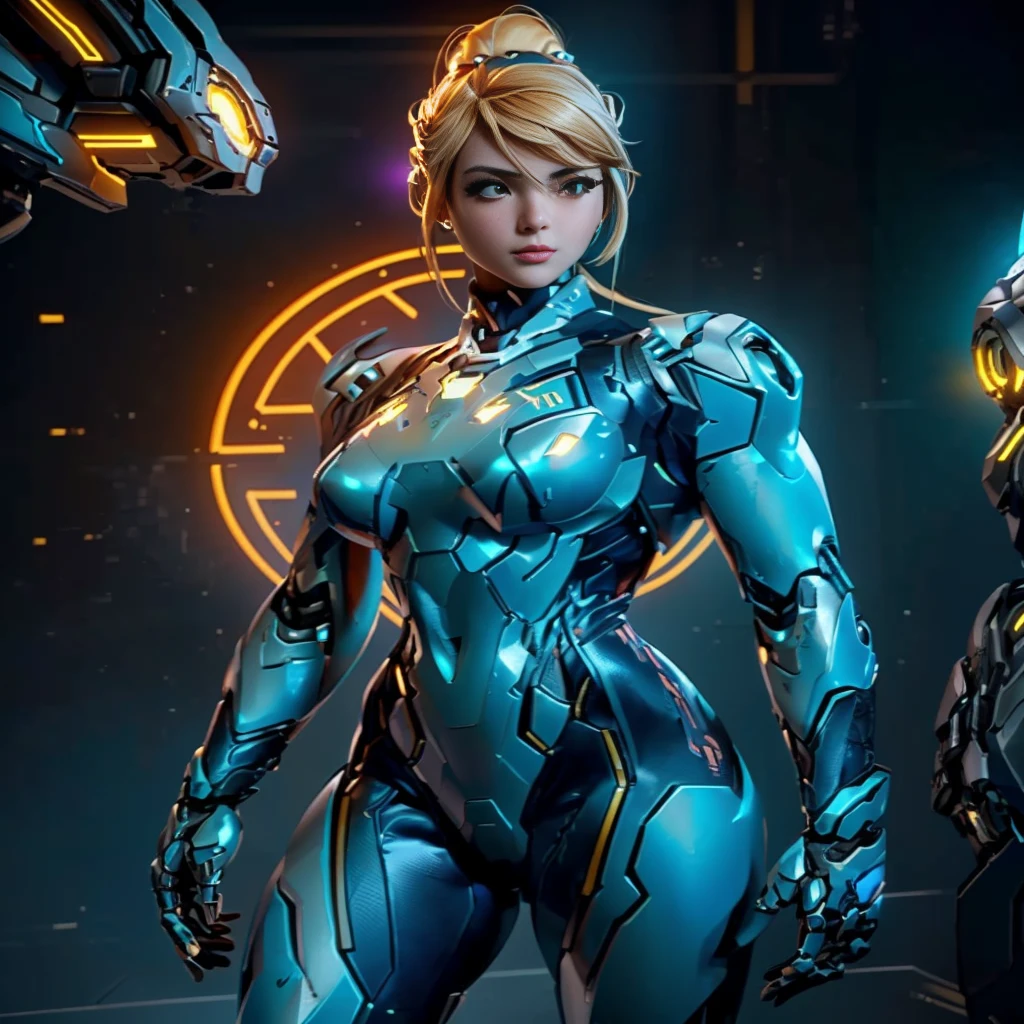 a close up of a woman in a futuristic suit standing next to a robot, cybersuit, cybersuits, diverse cybersuits, cyber suit, unreal engine character art, girl in mecha cyber armor, sci-fi skin, platinum skin, epic sci-fi character art, epic sci - fi character art, energetic varia suit, starcraft 2 videogame character, 8K image quality, Masterpiece