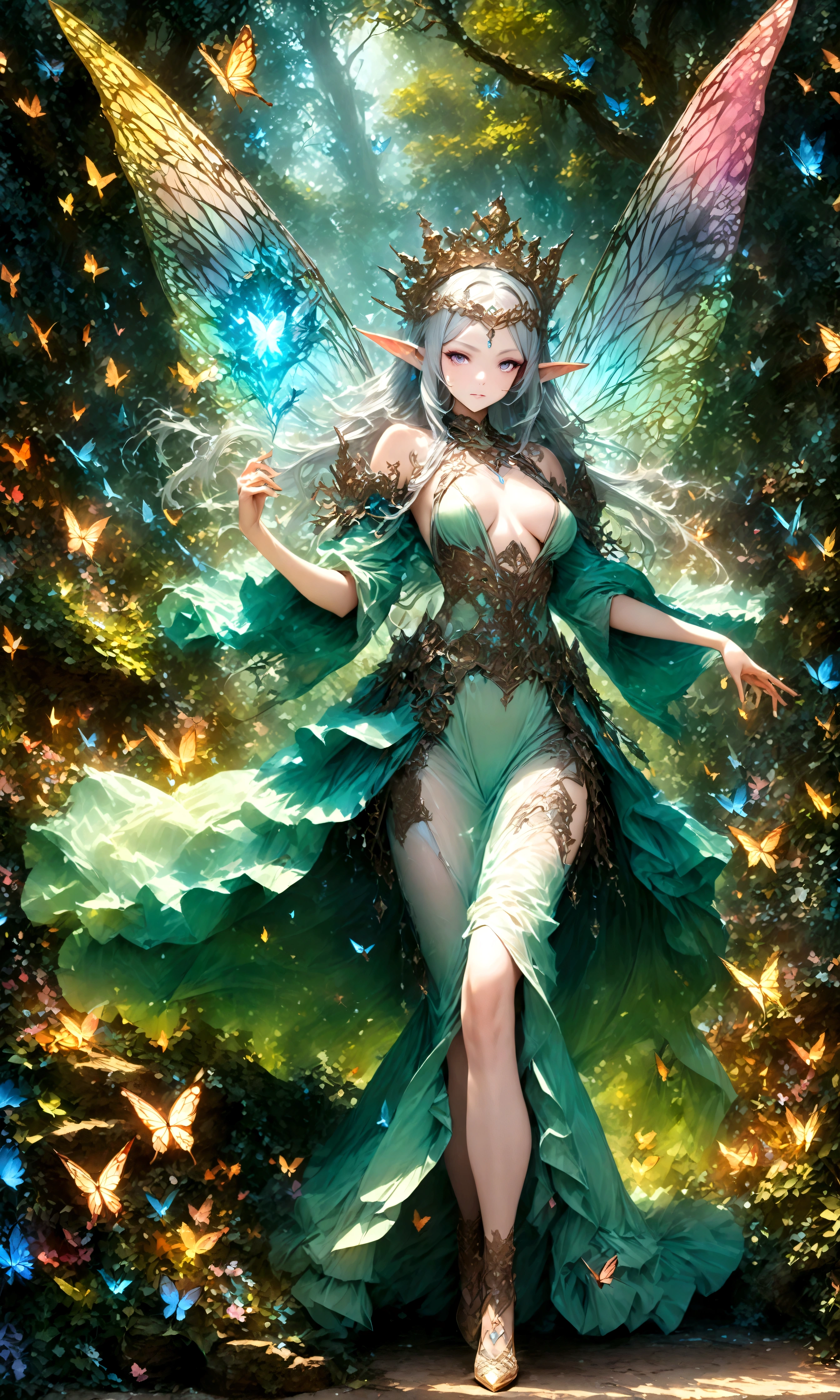 draw the queen of spirits,white skin type,perfect face,pointed ears,elf elements,Queen's tiara made of silver,noble and beautiful,Long dress made of translucent silk,fairy wings,perfect proportions,(Perfect Anatomy: 1.3),zoom out,show the whole body,use magic,elegant,artwork,rendering,dynamic pose,(masterpiece:1.3),(highest quality:1.4),(Super detailed:1.5),High resolution,Very detailed,unity 8k wallpaper,Dark fantasy,intricate details,Wind,fairy forest,shining butterfly,anatomically correct