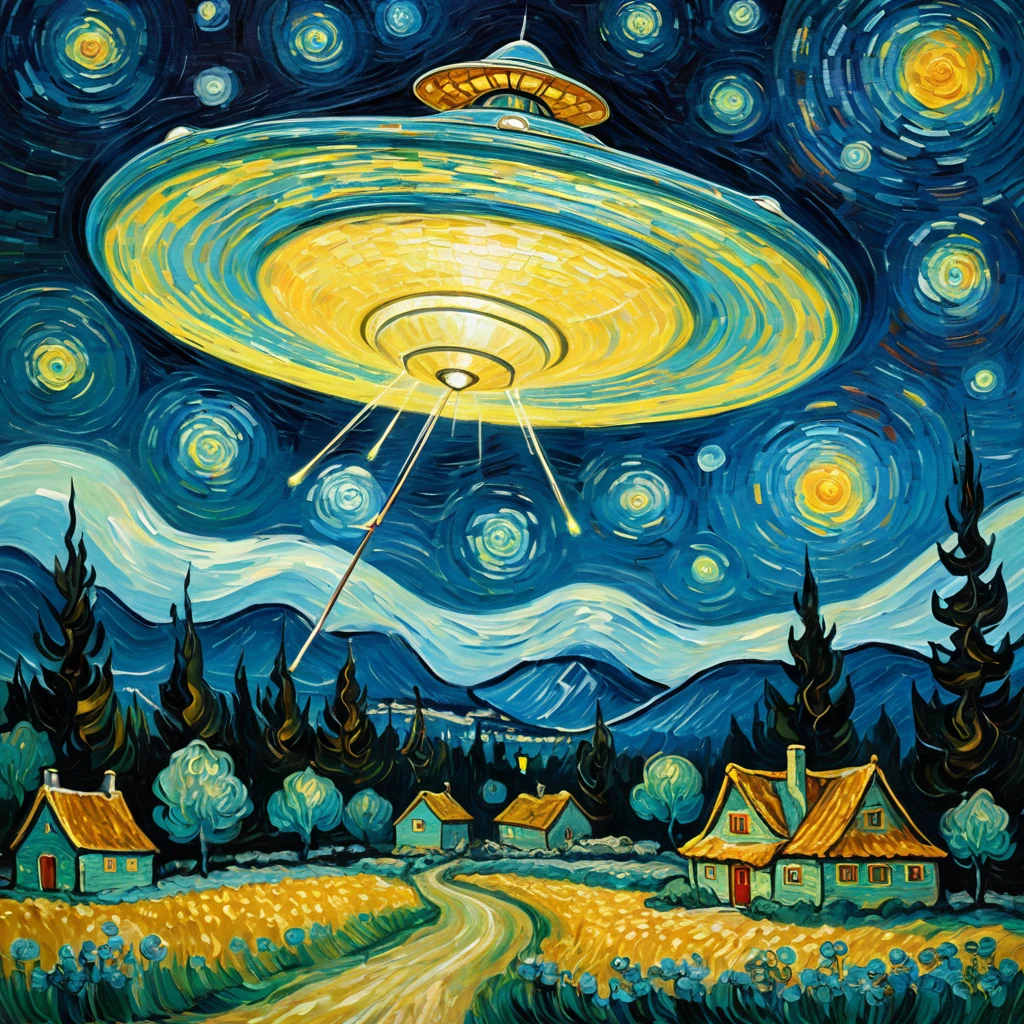 Painting in the style of Van Gogh, a fairy with a magic wand conjured an alien flying saucer UFO
