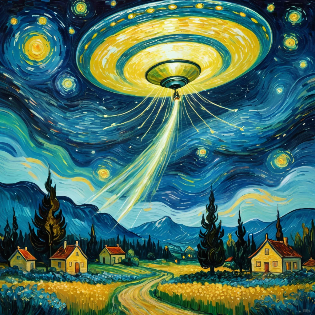 Painting in the style of Van Gogh, a fairy with a magic wand conjured an alien flying saucer UFO 