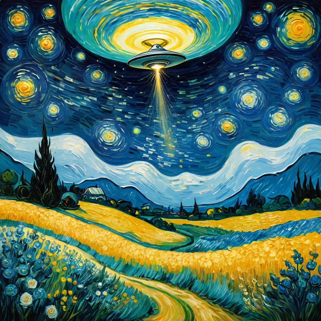 Painting in the style of Van Gogh, a fairy with a magic wand conjured an alien flying saucer UFO