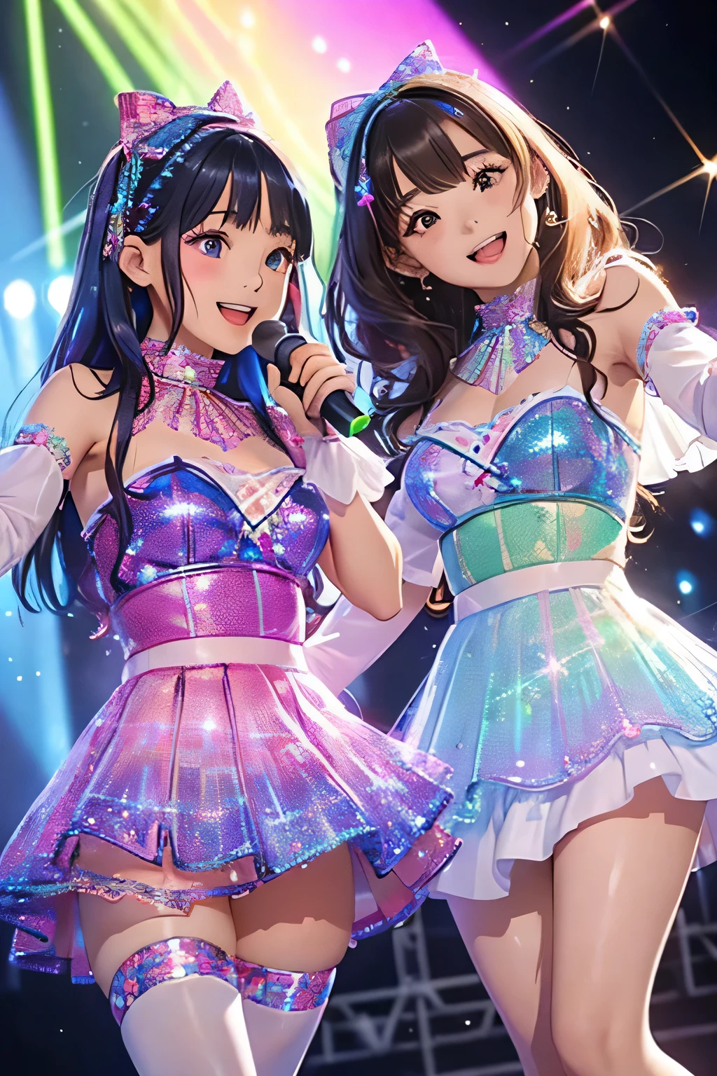 Highest quality、High resolution、Detailed Background、(Beautiful face in every detail:1.4)、Anatomically correct、(Detailed facial expressions)、 beauty、(Highly detailed face:1.4)、Brightly colored hair、well-groomed eyebrows、colorful stockings、A big smile、Idol Style、stage、(Two idol girls wearing holographic laser dresses singing:1.5)、A big smile、smile、A fun atmosphere、
Bright colors and pop colors、Ruffles and laces、Sleeves and hems of clothing、Ruffles and laces are applied to the collar etc.、Motifs such as hearts、Dresses and skirts、Femininity and cuteness、Hair accessories and ribbons、cute