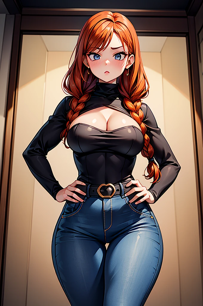 1 female, hourglass figure, pouty look, housewife, cleavage, Black turtleneck, small waist, thick thighs, orange hair, braided, hands on hips, tight jeans, masterpiece, slanty eyes, realistic lips, masterpiece, 4k.