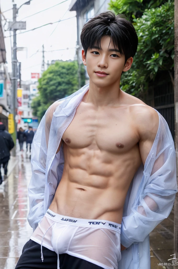 Handsome Asian boy,  boy , handsome Korean face, neat muscular, transparent raincoat, white micro thong with big bulge, showing abs, rainy day, very wet body, very hairy armpits, sit pose, siting on the bussy street