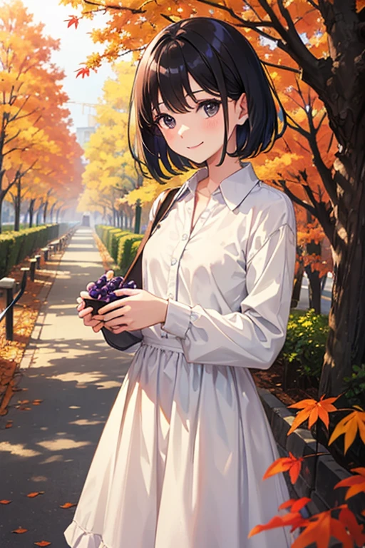 Black Hair、black eye、short hair、girl、Baby Face、cute、high school student、autumn、Autumn leaves in the background、A shy smile、Small breasts、Grape picking、A long-sleeved dress in a muted color