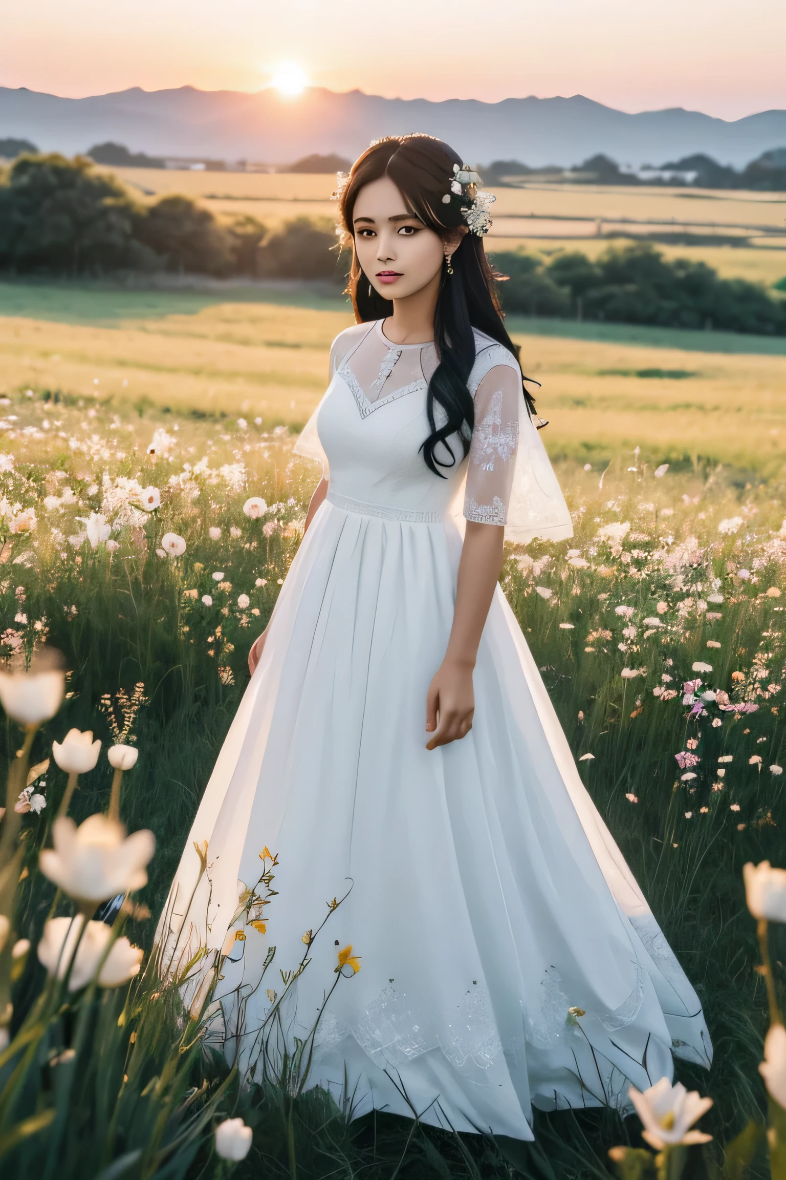 woman, black hair adorned with flowers, white cloth dress, among the grass, surrounded by white rabbits, looking at the camera, looking at the viewer, sunset background