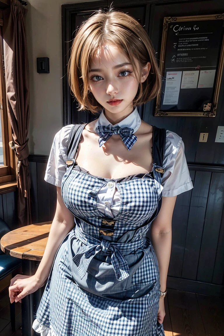 masterpiece, Highest quality, Ultra-high resolution, (Photo Real:1.6), One girl, (short hair:1.5), (Round face:1.3),(Gingham check suspender apron:1.3), (Plain blue high waist skirt:1.3), (Apron over skirt:1.2), (White blouse:1.3), (Double-breasted,Underbust:1.2), Short sleeve, Button gap, (Plain blue bow tie:1.2), (Plump body:1.2), (Smooth Skin:1.1), Dynamic pose, (chest:1.2), Cafe, restaurant,